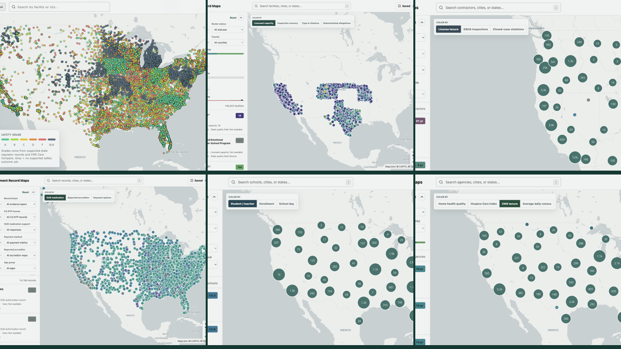 Six Record Maps showing care, education, health, and contractor records across the United States