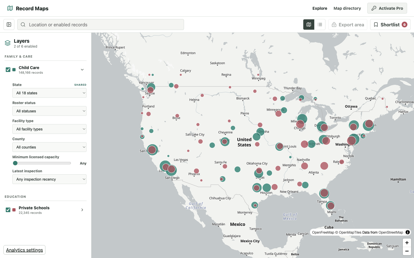 The live Record Maps explorer showing Child Care and Private Schools across the United States